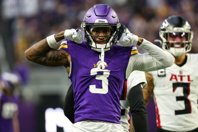 Dec 8, 2024; Minneapolis, Minnesota, USA; Minnesota Vikings wide receiver Jordan Addison (3) celebrates his catch against the Atlanta Falcons during the fourth quarter at U.S. Bank Stadium. Mandatory Credit: Matt Krohn-Imagn Images