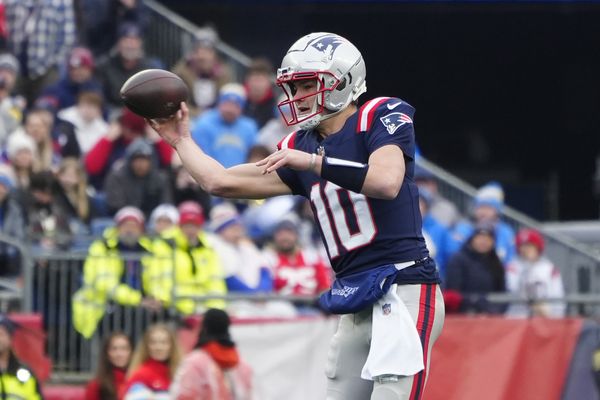Dec 28, 2024; Foxborough, Massachusetts, USA; New England Patriots quarterack Drake Maye (10) throws the ball against the Los Angeles Chargers during the first half at Gillette Stadium. Mandatory Credit: Gregory Fisher-Imagn Images