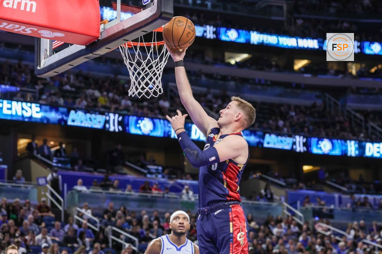 Mar 11, 2026; Orlando, Florida, USA; Cleveland Cavaliers guard Sam Merrill (5) goes to the basket during the second half against the Orlando Magic at Kia Center. Credit: Mike Watters-Imagn Images