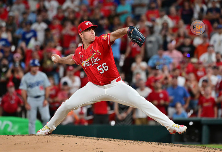 Aug 17, 2024; St. Louis, Missouri, USA; St. Louis Cardinals pitcher Ryan Helsley (56) throws the final strike for the final out of the game against the Los Angeles Dodgers at Busch Stadium in the ninth inning. Credit: Tim Vizer-USA TODAY Sports