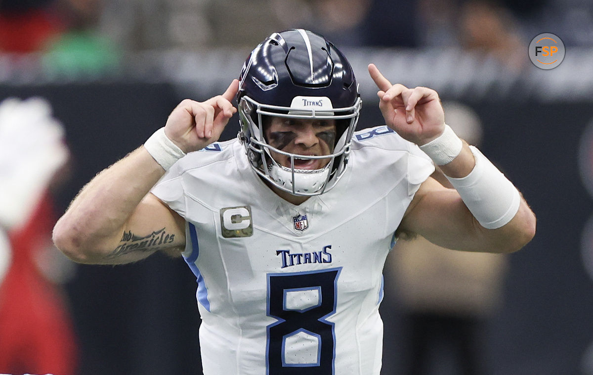 Nov 24, 2024; Houston, Texas, USA; Tennessee Titans quarterback Will Levis (8) calls an audible against the Houston Texans in the first quarter at NRG Stadium. Credit: Thomas Shea-Imagn Images