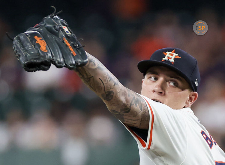 Aug 29, 2024; Houston, Texas, USA;  Houston Astros starting pitcher Hunter Brown (58) pitches against the Kansas City Royals in the second inning at Minute Maid Park. Credit: Thomas Shea-USA TODAY Sports