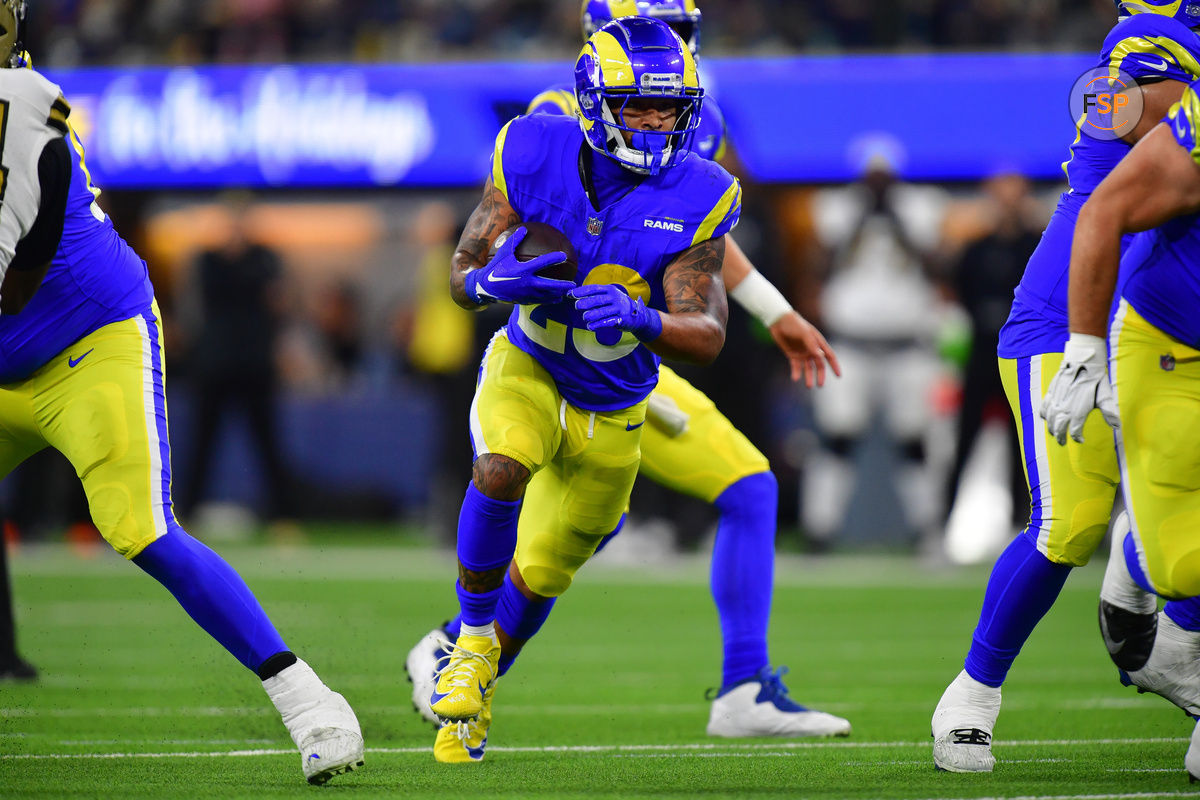 Dec 21, 2023; Inglewood, California, USA; Los Angeles Rams running back Kyren Williams (23) runs the ball against the New Orleans Saints during the first half at SoFi Stadium. Credit: Gary A. Vasquez-USA TODAY Sports