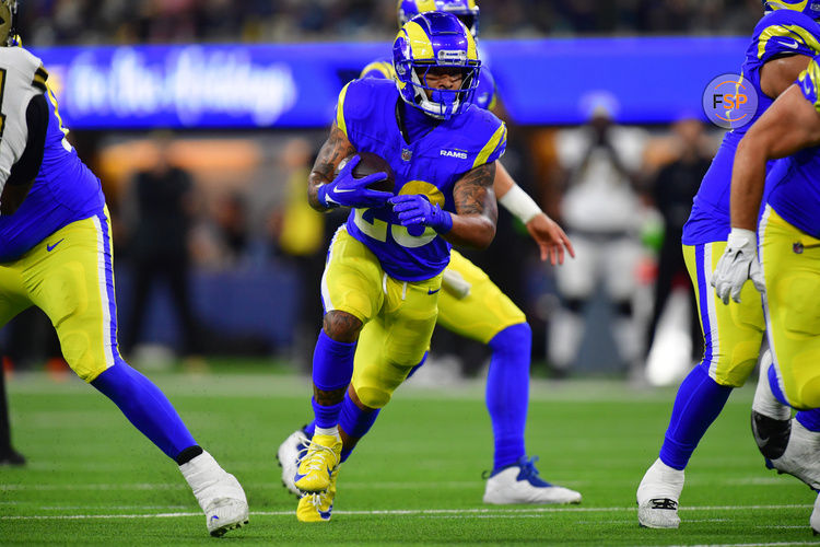 Dec 21, 2023; Inglewood, California, USA; Los Angeles Rams running back Kyren Williams (23) runs the ball against the New Orleans Saints during the first half at SoFi Stadium. Credit: Gary A. Vasquez-USA TODAY Sports