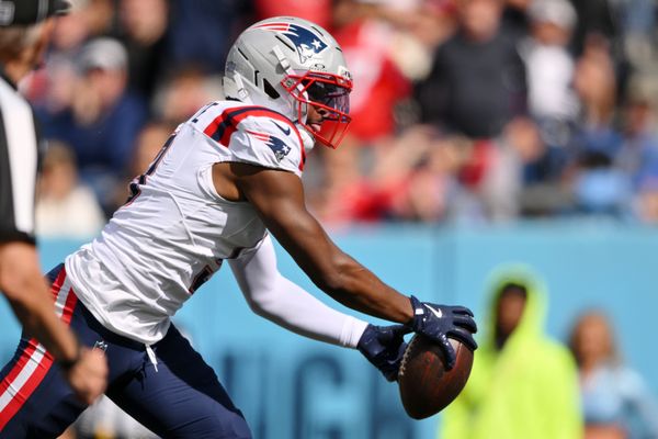 Oct 19, 2025; Nashville, Tennessee, USA; New England Patriots wide receiver Kayshon Boutte (9) makes a catch against the Tennessee Titans during the first half at Nissan Stadium. Mandatory Credit: Steve Roberts-Imagn Images