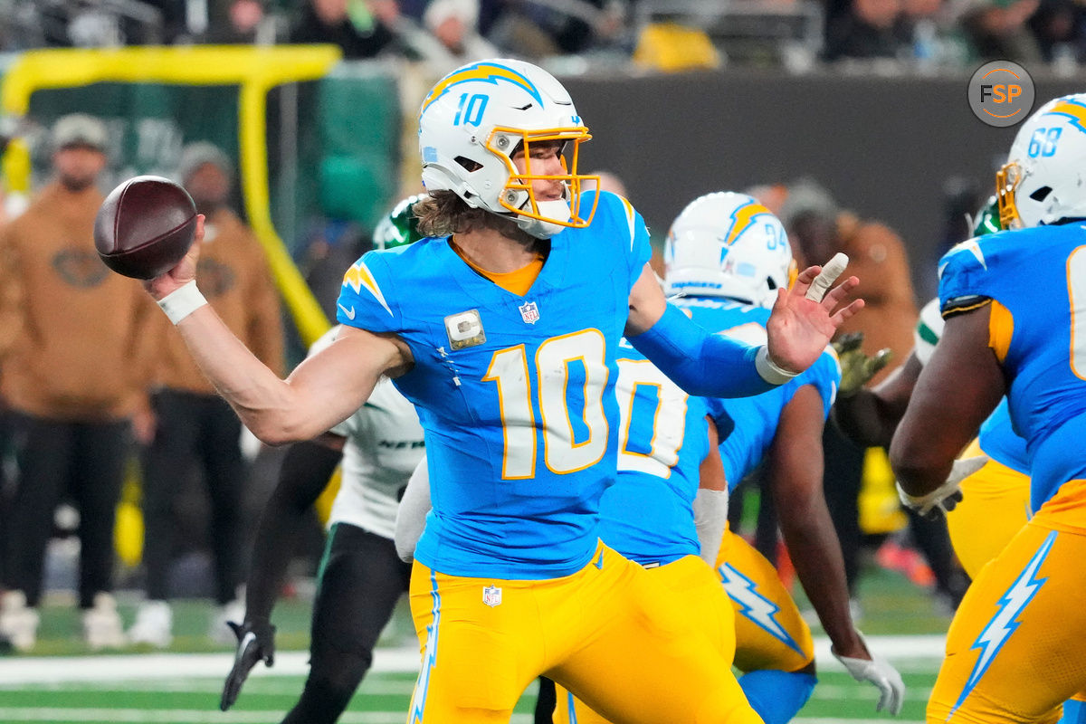 Nov 6, 2023; East Rutherford, New Jersey, USA; Los Angeles Chargers quarterback Justin Herbert (10) throws against the New York Jets during a football game at MetLife Stadium. Credit: Robert Deutsch-USA TODAY Sports