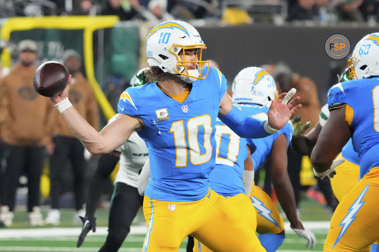 Nov 6, 2023; East Rutherford, New Jersey, USA; Los Angeles Chargers quarterback Justin Herbert (10) throws against the New York Jets during a football game at MetLife Stadium. Credit: Robert Deutsch-USA TODAY Sports