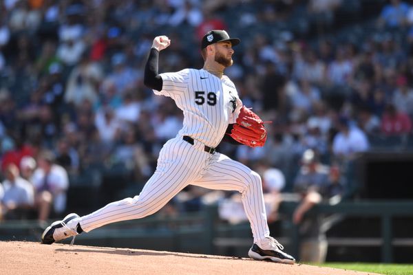 Jul 12, 2025; Chicago, Illinois, USA; Chicago White Sox starting pitcher Sean Burke (59) pitches during the first inning against the Cleveland Guardians at Rate Field. Mandatory Credit: Patrick Gorski-Imagn Images