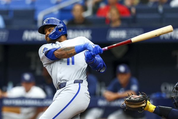 Jun 22, 2026; St. Petersburg, Florida, USA; Kansas City Royals shortstop Maikel Garcia (11) hits a double against the Tampa Bay Rays in the first inning at Tropicana Field. Mandatory Credit: Nathan Ray Seebeck-Imagn Images