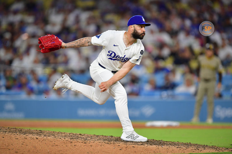 Jun 17, 2025; Los Angeles, California, USA; Los Angeles Dodgers pitcher Tanner Scott (66) throws against the San Diego Padres during the ninth inning at Dodger Stadium. Credit: Gary A. Vasquez-Imagn Images