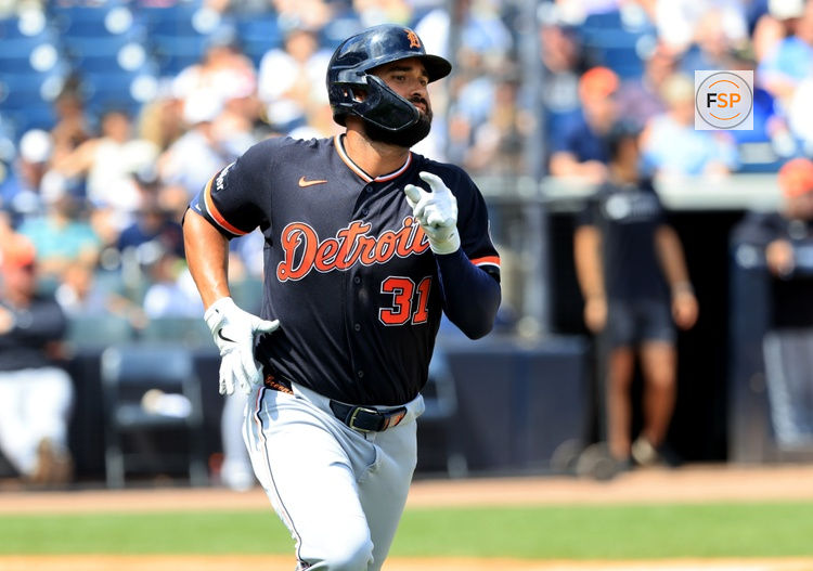 Mar 15, 2026; Tampa, Florida, USA;  Detroit Tigers left fielder Riley Greene (31) hits a home run during the third inning against the New York Yankees at George M. Steinbrenner Field. Credit: Kim Klement Neitzel-Imagn Images