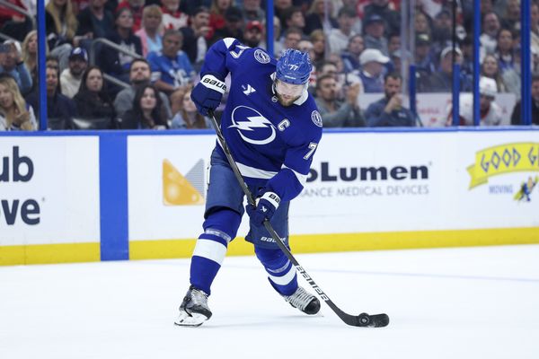 Mar 12, 2026; Tampa, Florida, USA; Tampa Bay Lightning defenseman Victor Hedman (77) shoots the puck against the Detroit Red Wings in the first period at Benchmark International Arena. Mandatory Credit: Nathan Ray Seebeck-Imagn Images