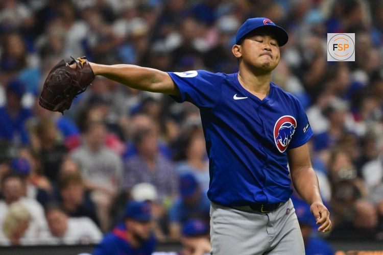 Jul 30, 2025; Milwaukee, Wisconsin, USA; Chicago Cubs starting pitcher Shota Imanaga (18) reacts after giving up a run in the fifth inning against the Milwaukee Brewers at American Family Field. Credit: Benny Sieu-Imagn Images