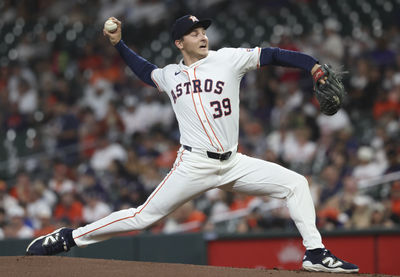 Apr 1, 2025; Houston, Texas, USA; Houston Astros starting pitcher Hayden Wesneski (39) delivers a pitch during the second inning against the San Francisco Giants at Daikin Park. Mandatory Credit: Troy Taormina-Imagn Images