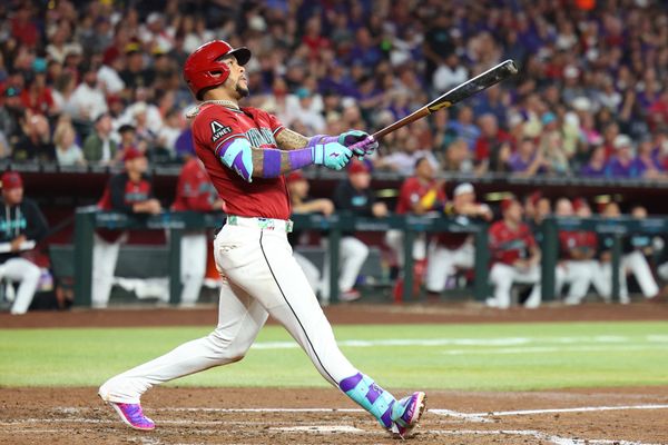 May 23, 2026; Phoenix, Arizona, USA; Arizona Diamondbacks second baseman Ketel Marte (4) watches after hitting a two run home run against Colorado Rockies starting pitcher Michael Lorenzen (24) during the fourth inning at Chase Field. Mandatory Credit: Anna Carrington-Imagn Images
