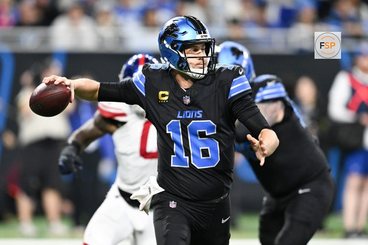 Nov 23, 2025; Detroit, Michigan, USA; Detroit Lions quarterback Jared Goff (16) passes the ball in the fourth quarter against the New York Giants at Ford Field. Credit: Lon Horwedel-Imagn Images