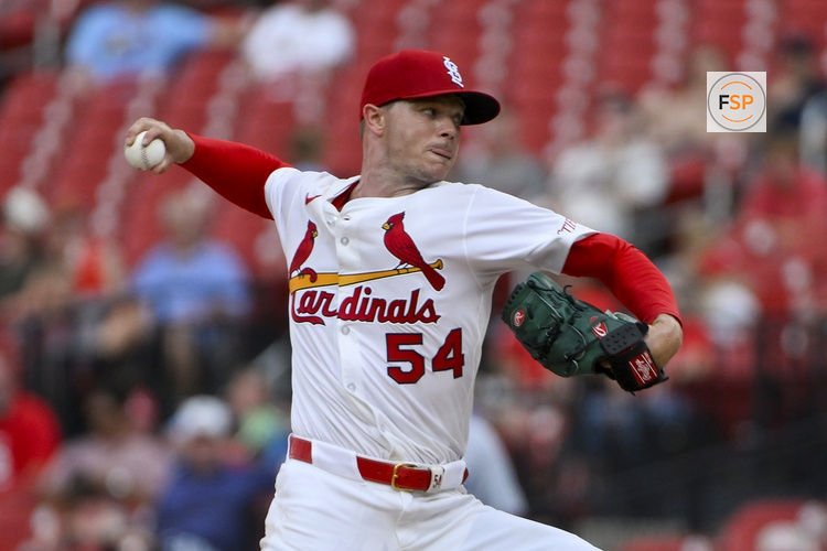 Jul 29, 2025; St. Louis, Missouri, USA;  St. Louis Cardinals starting pitcher Sonny Gray (54) pitches against the Miami Marlins during the first inning at Busch Stadium. Credit: Jeff Curry-Imagn Images