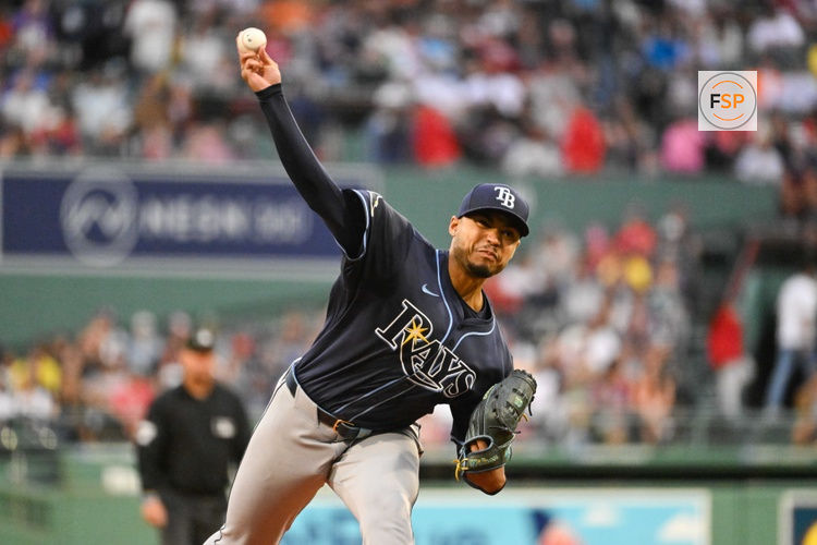 Jul 10, 2025; Boston, Massachusetts, USA; Tampa Bay Rays starting pitcher Taj Bradley (45) pitches against the Boston Red Sox   during the first inning at Fenway Park. Credit: Eric Canha-Imagn Images