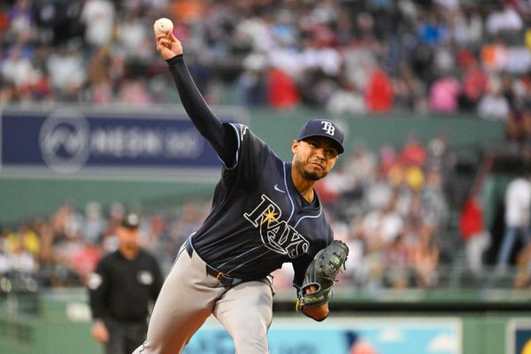 Jul 10, 2025; Boston, Massachusetts, USA; Tampa Bay Rays starting pitcher Taj Bradley (45) pitches against the Boston Red Sox   during the first inning at Fenway Park. Mandatory Credit: Eric Canha-Imagn Images