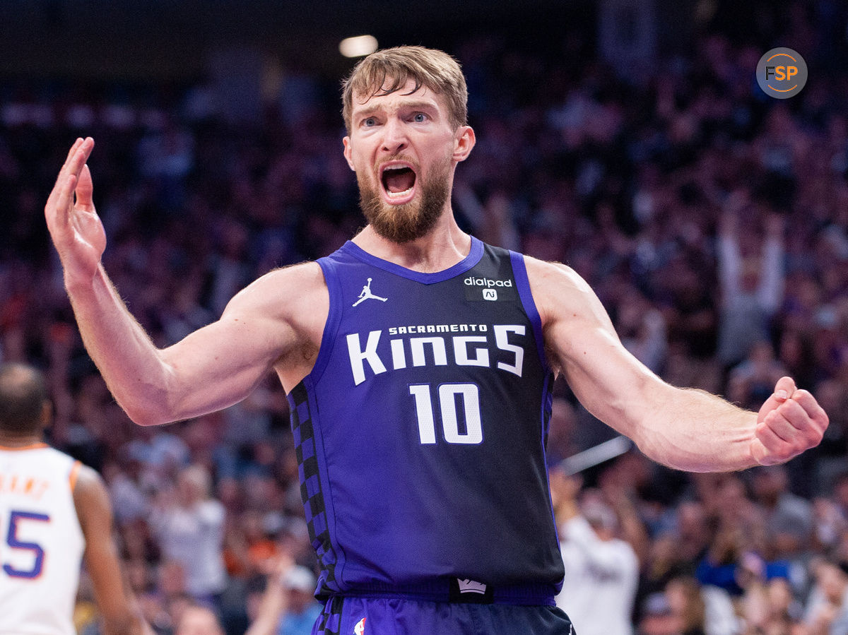 Apr 12, 2024; Sacramento, California, USA; Sacramento Kings forward Domantas Sabonis (10) reacts to a call during the fourth quarter at Golden 1 Center. Credit: Ed Szczepanski-USA TODAY Sports