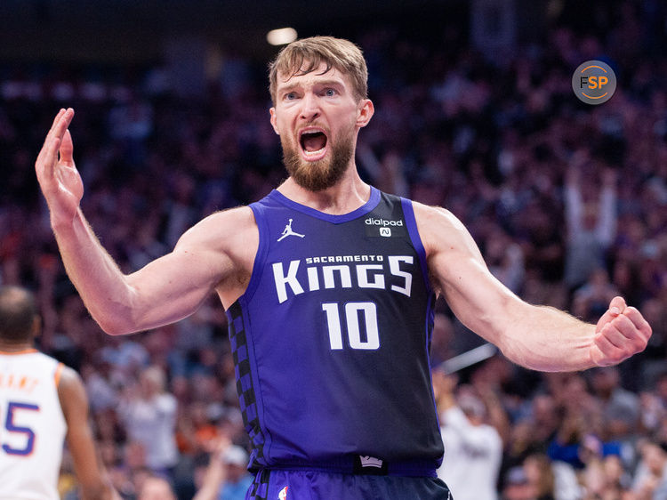 Apr 12, 2024; Sacramento, California, USA; Sacramento Kings forward Domantas Sabonis (10) reacts to a call during the fourth quarter at Golden 1 Center. Credit: Ed Szczepanski-USA TODAY Sports