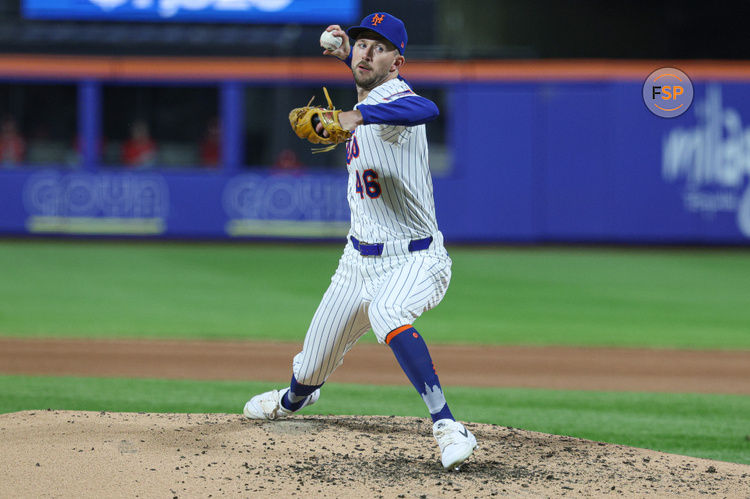 Apr 17, 2025; New York City, New York, USA; New York Mets starting pitcher Griffin Canning (46) delivers a pitch during the fourth inning against the St. Louis Cardinals at Citi Field. Credit: Vincent Carchietta-Imagn Images