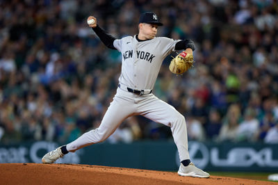 May 14, 2025; Seattle, Washington, USA; New York Yankees pitcher Will Warren (98) throws against the Seattle Mariners during the first inning at T-Mobile Park. Mandatory Credit: John Froschauer-Imagn Images