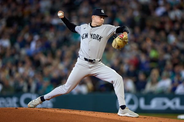 May 14, 2025; Seattle, Washington, USA; New York Yankees pitcher Will Warren (98) throws against the Seattle Mariners during the first inning at T-Mobile Park. Mandatory Credit: John Froschauer-Imagn Images