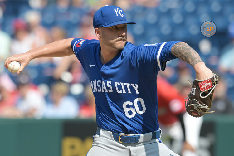 Aug 26, 2024; Cleveland, Ohio, USA; Kansas City Royals relief pitcher Lucas Erceg (60) throws a pitch during the ninth inning against the Cleveland Guardians at Progressive Field. Credit: Ken Blaze-USA TODAY Sports