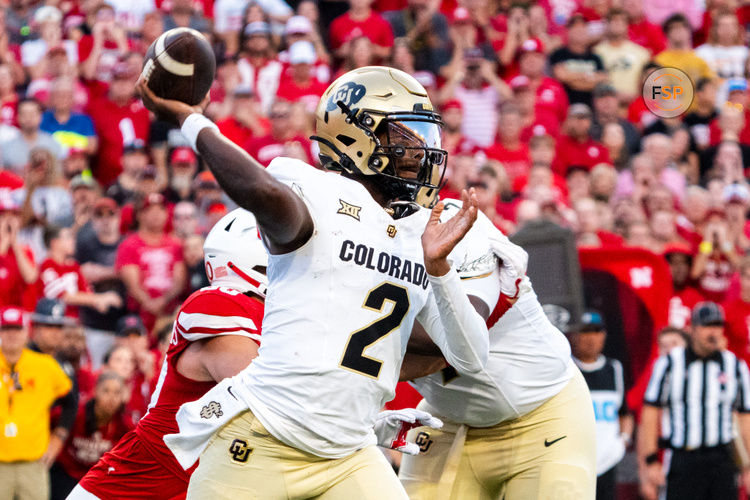 Sep 7, 2024; Lincoln, Nebraska, USA; Colorado Buffaloes quarterback Shedeur Sanders (2) passes against the Nebraska Cornhuskers during the second quarter at Memorial Stadium. Credit: Dylan Widger-Imagn Images