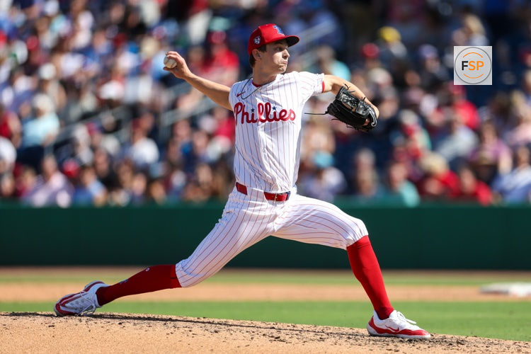 Feb 25, 2024; Clearwater, Florida, USA;  Philadelphia Phillies pitcher Mick Abel (74) throws a pitch against the New York Yankees in the sixth inning  at BayCare Ballpark. Credit: Nathan Ray Seebeck-USA TODAY Sports