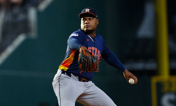 Aug 6, 2024; Arlington, Texas, USA;  Houston Astros starting pitcher Framber Valdez (59) throws during the first inning against the Texas Rangers at Globe Life Field. Mandatory Credit: Kevin Jairaj-USA TODAY Sports