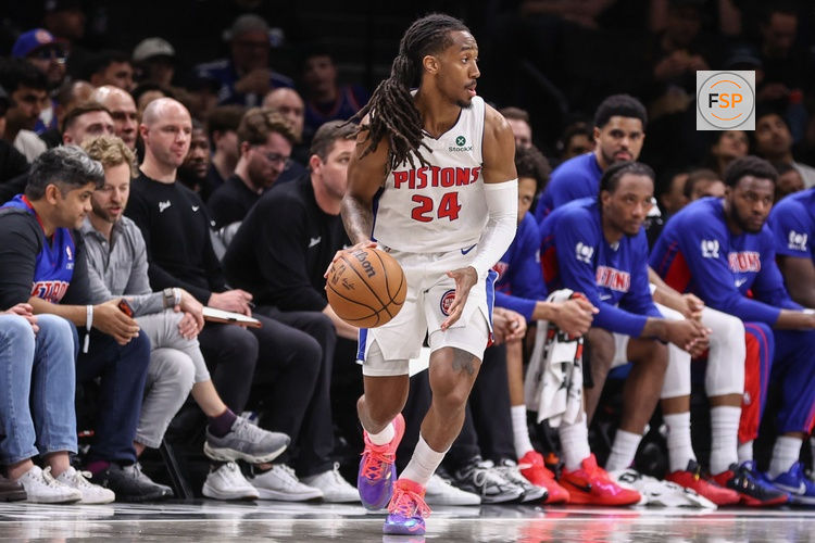 Mar 10, 2026; Brooklyn, New York, USA;  Detroit Pistons guard Daniss Jenkins (24) at Barclays Center. Credit: Wendell Cruz-Imagn Images