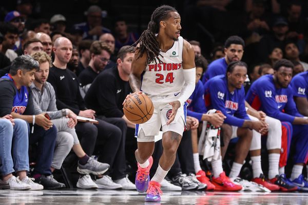 Mar 10, 2026; Brooklyn, New York, USA;  Detroit Pistons guard Daniss Jenkins (24) at Barclays Center. Mandatory Credit: Wendell Cruz-Imagn Images