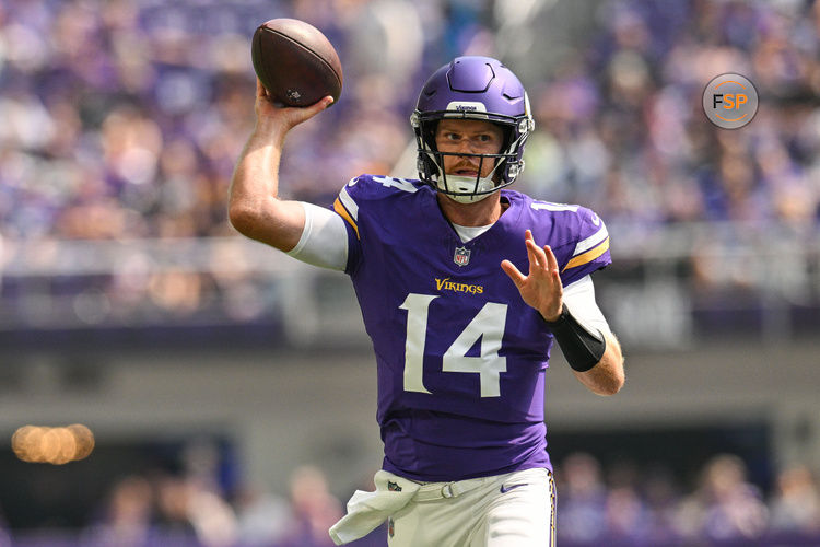 Aug 10, 2024; Minneapolis, Minnesota, USA; Minnesota Vikings quarterback Sam Darnold (14) throws a pass against the Las Vegas Raiders during the first quarter at U.S. Bank Stadium. Credit: Jeffrey Becker-USA TODAY Sports