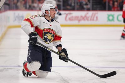 Mar 3, 2026; Newark, New Jersey, USA; Florida Panthers left wing Brad Marchand (63) reacts to a penalty call against the New Jersey Devils during the second period at Prudential Center. Mandatory Credit: Ed Mulholland-Imagn Images
