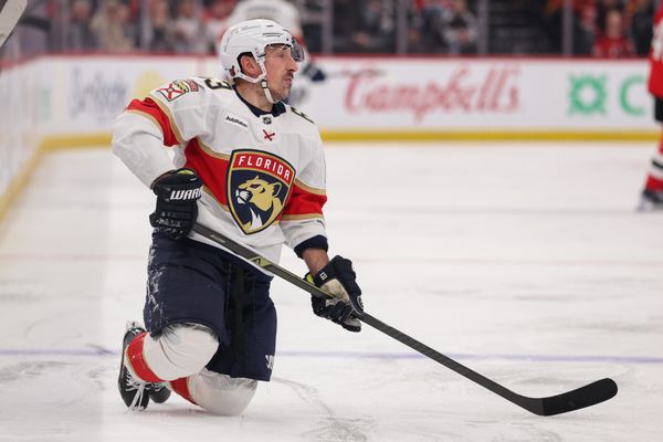 Mar 3, 2026; Newark, New Jersey, USA; Florida Panthers left wing Brad Marchand (63) reacts to a penalty call against the New Jersey Devils during the second period at Prudential Center. Mandatory Credit: Ed Mulholland-Imagn Images