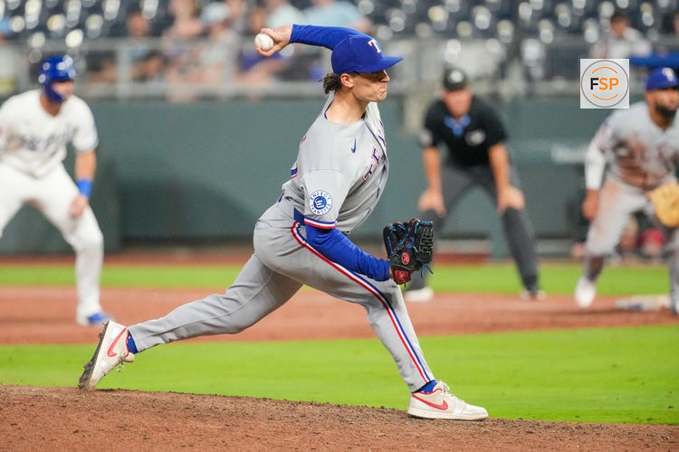 Jun 10, 2026; Kansas City, Missouri, USA; Texas Rangers pitcher Jacob Latz (67) delivers a pitch against the Kansas City Royals during the tenth inning at Kauffman Stadium. Credit: Denny Medley-Imagn Images
