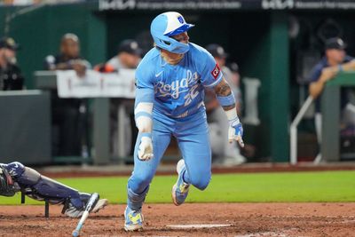 Jun 13, 2026; Kansas City, Missouri, USA; Kansas City Royals catcher Carter Jensen (22) hits a three run double against the Houston Astros during the sixth inning at Kauffman Stadium. Mandatory Credit: Denny Medley-Imagn Images