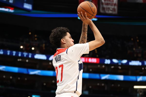 Feb 22, 2026; Washington, District of Columbia, USA; Washington Wizards guard Will Riley (27) takes a shot during the first half against the Charlotte Hornets at Capital One Arena. Mandatory Credit: Daniel Kucin Jr.-Imagn Images