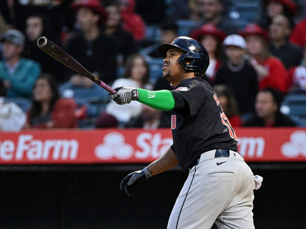 ANAHEIM, CA - MAY 24: Cleveland Guardians third baseman Jose Ramirez (11) hits a two run home run during the fourth inning of an MLB baseball game against the Los Angeles Angels played on May 24, 2024 at Angel Stadium in Anaheim, CA. (Photo by John Cordes/Icon Sportswire)