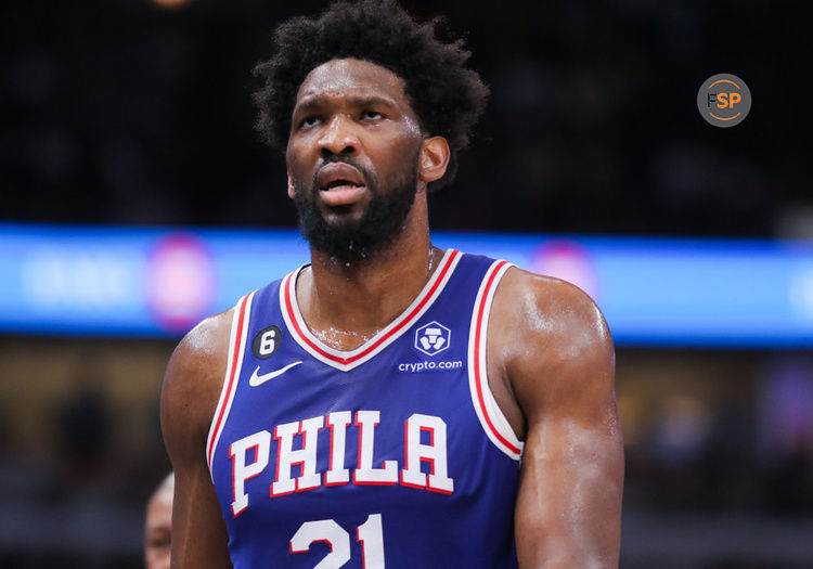 CHICAGO, IL - MARCH 22: Philadelphia 76ers center Joel Embiid (21) looks on during a NBA game between the Philadelphia 76ers and the Chicago Bulls on March 22, 2023 at the United Center in Chicago, IL. (Photo by Melissa Tamez/Icon Sportswire)