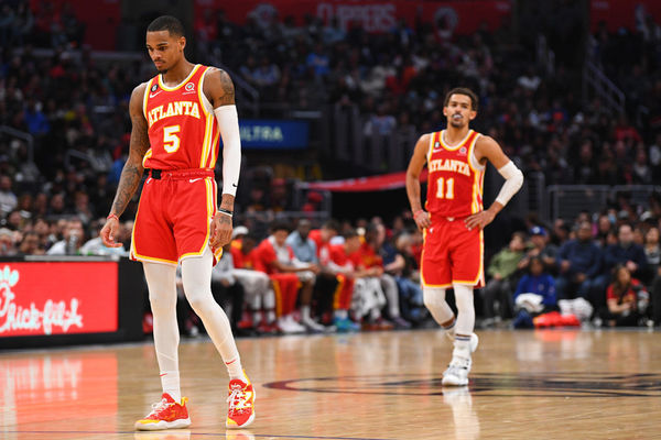 LOS ANGELES, CA - JANUARY 08: Atlanta Hawks Guard Dejounte Murray (5) and Atlanta Hawks Guard Trae Young (11) look on during a NBA game between the Atlanta Hawks and the Los Angeles Clippers on January 8, 2023 at Crypto.com Arena in Los Angeles, CA. (Photo by Brian Rothmuller/Icon Sportswire)
