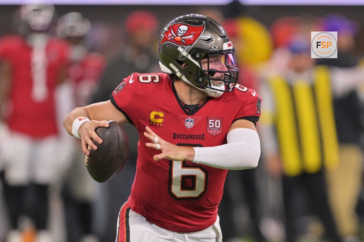 Nov 23, 2025; Inglewood, California, USA; Tampa Bay Buccaneers quarterback Baker Mayfield (6) looks to pass the ball against the Los Angeles Rams during the second quarter at SoFi Stadium. Credit: Jayne Kamin-Oncea-Imagn Images