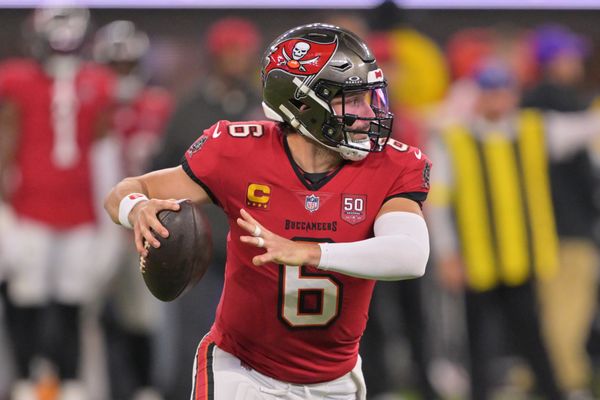 Nov 23, 2025; Inglewood, California, USA; Tampa Bay Buccaneers quarterback Baker Mayfield (6) looks to pass the ball against the Los Angeles Rams during the second quarter at SoFi Stadium. Mandatory Credit: Jayne Kamin-Oncea-Imagn Images