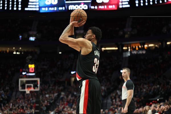 Nov 5, 2025; Portland, Oregon, USA;  Portland Trail Blazers forward Toumani Camara (33) shoots the ball against against the Oklahoma City Thunder during the second half at Moda Center. Mandatory Credit: Jaime Valdez-Imagn Images


