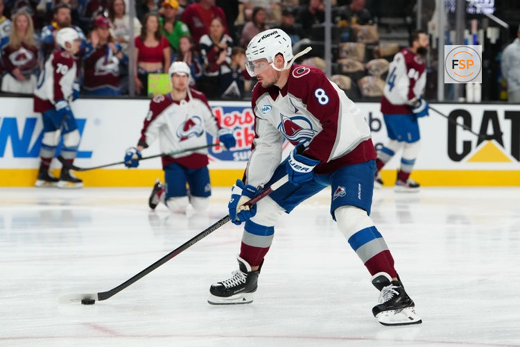 May 24, 2026; Las Vegas, Nevada, USA; Colorado Avalanche defenseman Cale Makar (8) warms up before a game against the Vegas Golden Knights in game three of the Western Conference Final of the 2026 Stanley Cup Playoffs at T-Mobile Arena. Credit: Stephen R. Sylvanie-Imagn Images