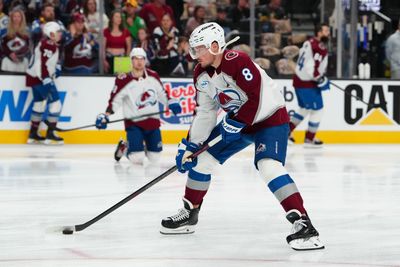 May 24, 2026; Las Vegas, Nevada, USA; Colorado Avalanche defenseman Cale Makar (8) warms up before a game against the Vegas Golden Knights in game three of the Western Conference Final of the 2026 Stanley Cup Playoffs at T-Mobile Arena. Mandatory Credit: Stephen R. Sylvanie-Imagn Images