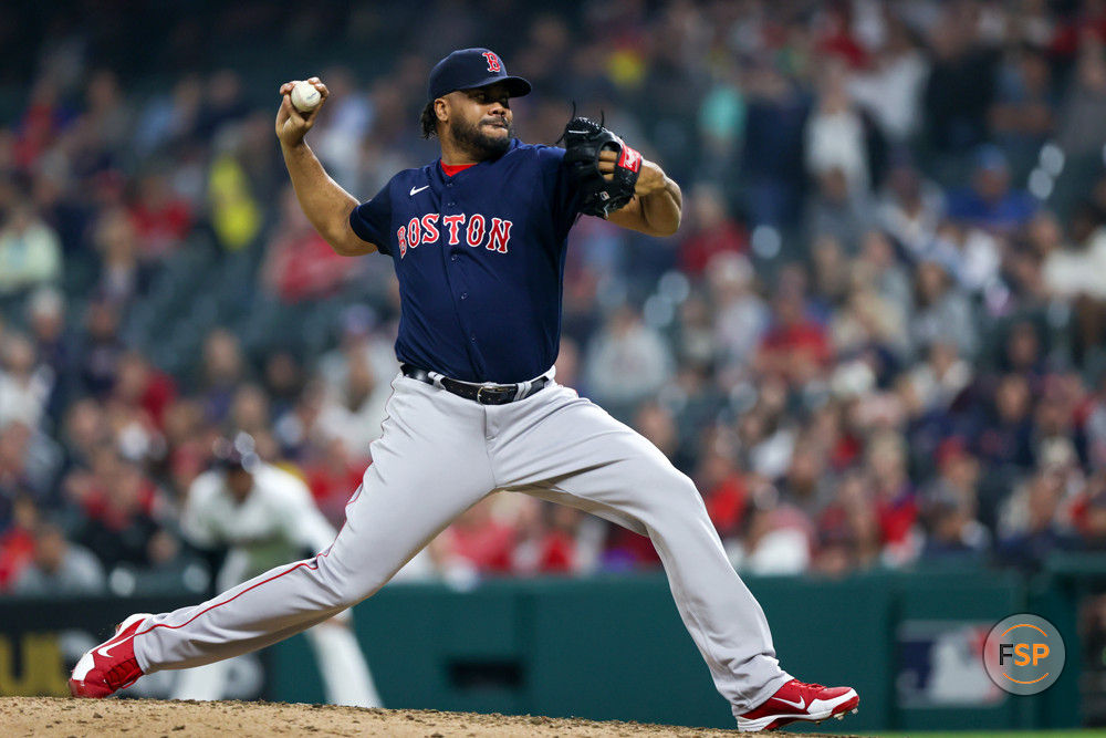 CLEVELAND, OH - JUNE 06: Boston Red Sox relief pitcher Kenley Jansen (74) delivers a pitch to the plate during the ninth inning of the Major League Baseball game between the Boston Red Sox and Cleveland Guardians on June 6, 2023, at Progressive Field in Cleveland, OH. (Photo by Frank Jansky/Icon Sportswire)