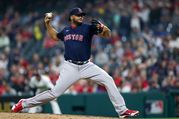 CLEVELAND, OH - JUNE 06: Boston Red Sox relief pitcher Kenley Jansen (74) delivers a pitch to the plate during the ninth inning of the Major League Baseball game between the Boston Red Sox and Cleveland Guardians on June 6, 2023, at Progressive Field in Cleveland, OH. (Photo by Frank Jansky/Icon Sportswire)